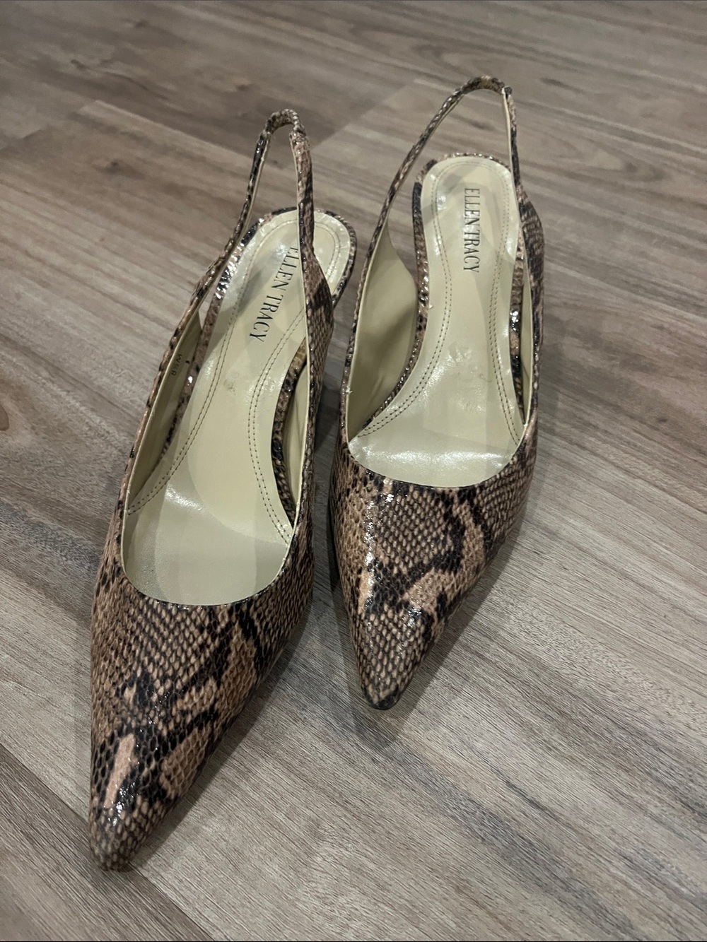 Ellen Tracy Snake-Print Pointed Slingback Pumps in Brown